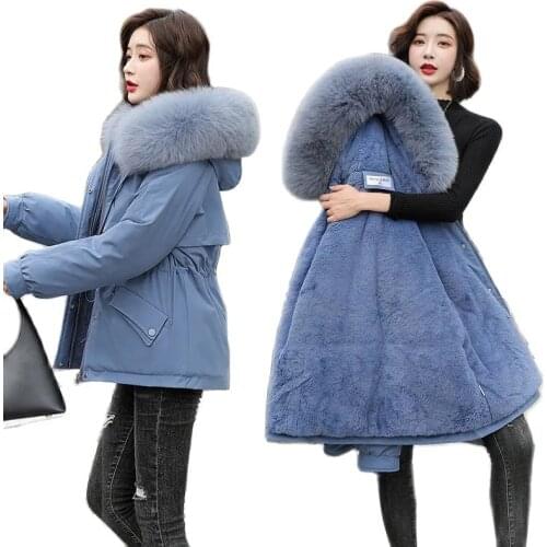 New 2021Winter Clothes Large Fur Collar Ladies Jacket Thicken Plus Velvet Short Plus Cotton Overcoat Parka Female Outerwear