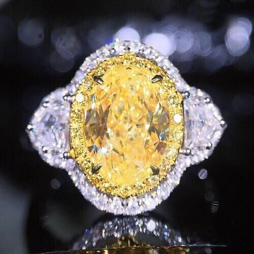 Wedding Ring For Women Solid 18K White Gold 1ct 6mm Center Yellow Oval Cut Moissanite Halo Ring Lab Diamond Ring