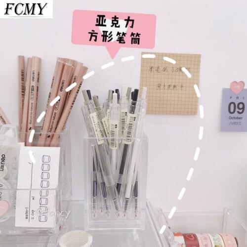 Transparent Square Acrylic Pen Pencil Holder Desktop Makeup Brush Organizer Student Stationery Storage Box Case