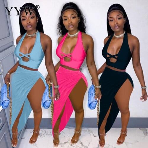 Sexy Women Solid Sexy Two Piece Set Cross Halter Backless Crop Top Hollow Out Shirt Night Club 2021 Casual Skirt Beachwears