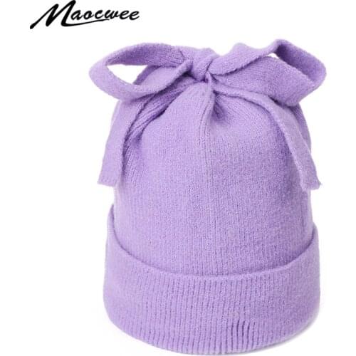 Fashion Bows Ladies Solid Color Beanies Windproof Thick Warm Outdoor Crochet Bonnet Knitted Hats For Women Cap Winter Autumn