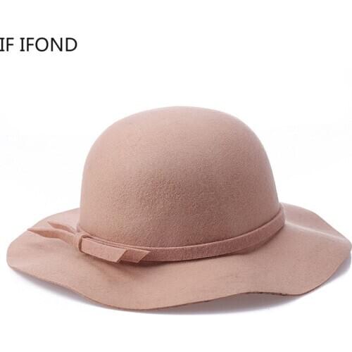 Soft 100% Wool Fedora Hat Women Elegant Felt Hat Vintage Bowtie Winter Top Hat Cloche Wide Brim Dome Cap
