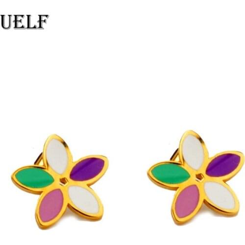 Uelf Flower Earrings Women White Purple Green Flower Holiday Stainless Steel Stud Earrings