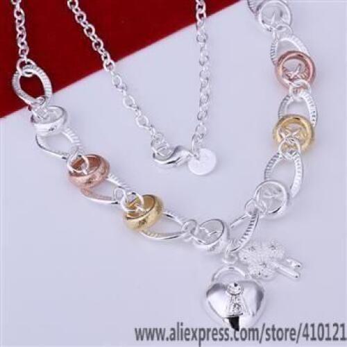 N212 Lucky Charm Silver Color Pendants For Women Jewelry Necklace Women Accessories Fashion Inlaid Heart Lock And Flower Key
