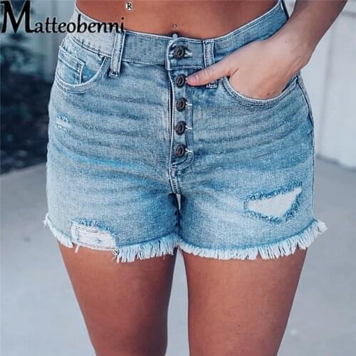 Summer New Style Womens High Waist Ripped Elastic Slim Single-Breasted Fashion Tassel Jeans Shorts Ladies Casual Denim Shorts