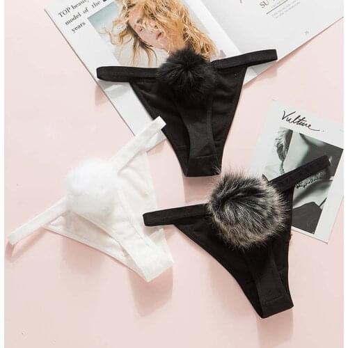 Women Sexy Pompom Panties Rabbit Hair Ball Briefs G String Cute Ladies Girls Cotton Thong T-back Underwear