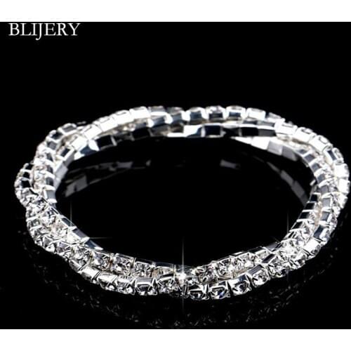 BLIJERY Stretch Crystal Bridal Bracelets Silver Color Rhinestone Twisty Bracelets Bangles for Women Party Wedding Accessories