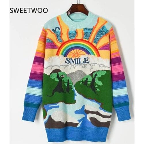 Spring New Contrast Embroidery Rainbow Letter Stripe Knitted Sweater Pullover Womens