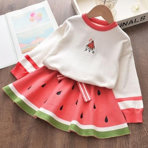 Baby girl winter knitted sweater suit thick warm sweater dress girls pullover sweater cartoon watermelon cute two-piece suit