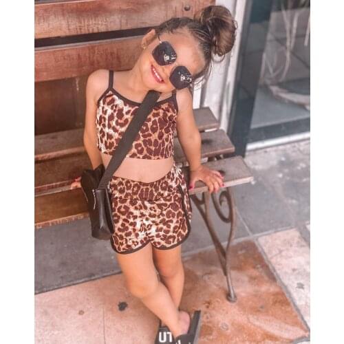 2 Pieces Kids Suit Set, Girls Leopard Print Sleeveless Spaghetti Strap Short Tops+ Short Pants For Summer 2021 New Fashion