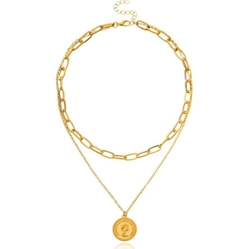 2020 New Geometric double chain necklace with punk Style beauty head coin necklace for women