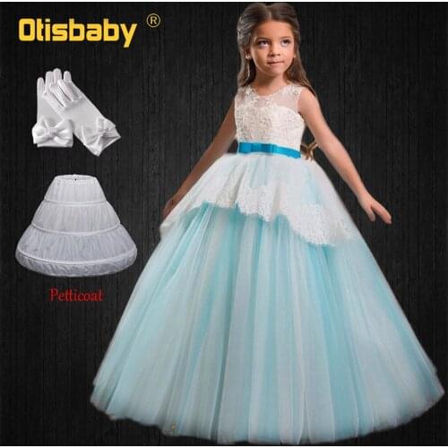 2020 Girls Tulle Lace Lush Ball Gowns Blue Wedding Dresses Flower Girls Sleeveless Embroidery Beaded Dresses Vintage Bridal Gown
