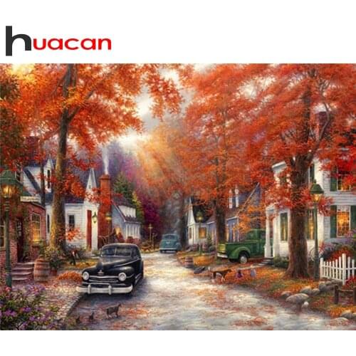 Huacan Diamond Embroidery Complete Kit Street Autumn 5D Diamond Art Painting Kits Mosaic Landscape Decoration For Home