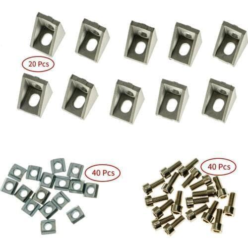 Aluminum Alloy Fasteners Tools Kit 20Pcs Corner Bracket 40Pcs Hex Socket Screw Bolt with 40Pcs T Slot Nut Hardware Connector Set
