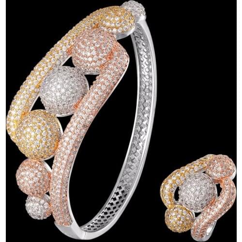 Zlxgirl jewelry luxury brand full ball zirconia copper bangle with ring jewelry sets AAA mirco paved CZ wedding bracelet ring