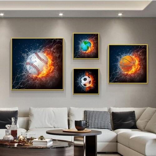Basketball Soccer Ball Fire and Water Canvas Painting Nordic Cuadros Posters Prints Wall Art Pictures for Living Room Decor