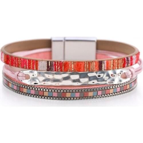 New Ethnic Style Bracelet for Women Geometric Fashion Thin Chain Bracelet Ladies Color Matching Leather Magnet Buckle Jewelry