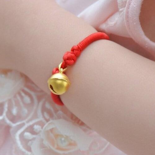 Solid 24k Yellow Gold 3D Lucky Bell Charm Red Cord Knitted Bracelet 16.5cm