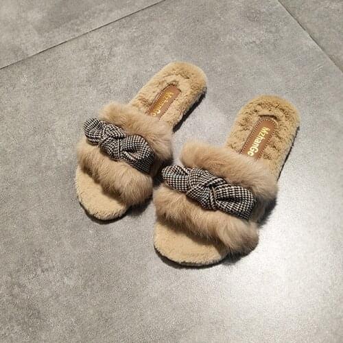 Autumn and Winter Furry Slippers for Womens Outer Wear Flat Bow Half-drag Korean Version of All-match Comfortable Furry Shoes