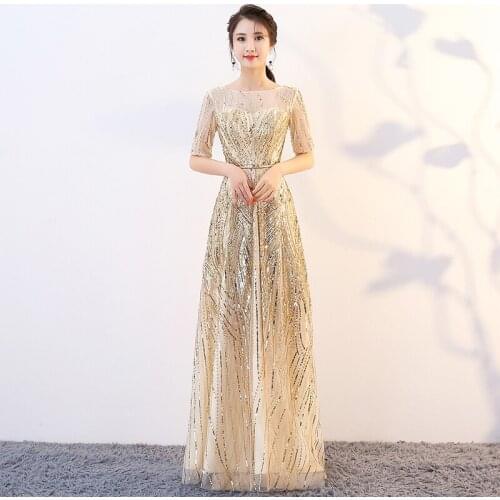 Sequins Luxurious Evening Dress Simple O-Neck A-Line Empire Short Sleeves Floor-Length Simple New Woman Formal Party Gowns A1344