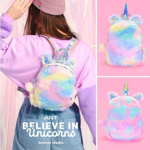 Mochila Backpack Female Color Plush School Bag For Girls Faux Fur Small Bagpacks Laser Hologram Mini Backpack Women Pink Bagpack