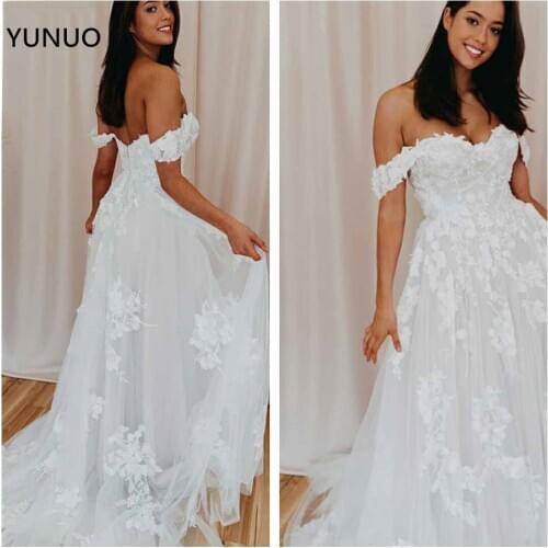 YUNUO Detachable Off the Shoulder Wedding Dresses A-line Embroidered Lace Wedding Gowns Tulle Ivory Custom Made Bridal Dress
