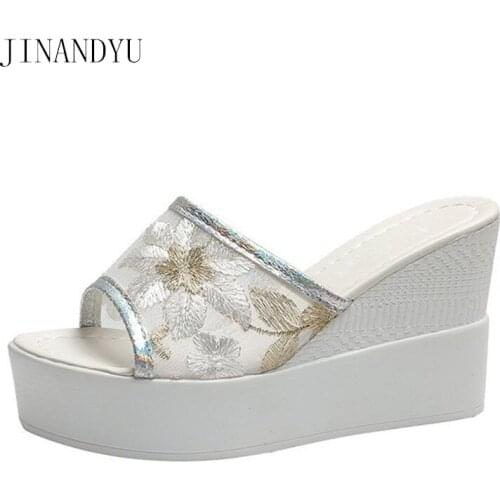 Wedge High Heels Ladies Slippers Beach Summer Shoes Women Platform Slippers Embroider Lace Women Shoes Casual White Heels Comfy