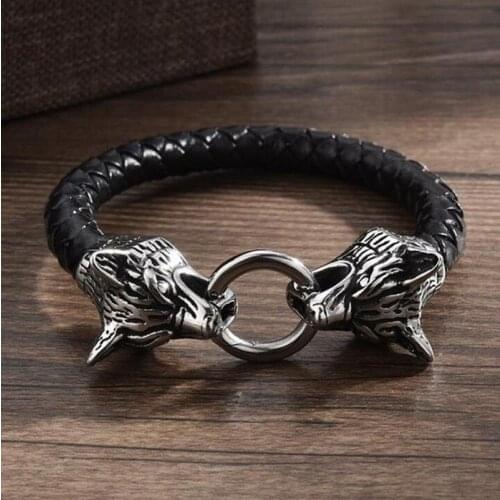 Viking Wolf Head Bracelet Leather Rope Chain Double Wolf Head Bite Ring Bracelet for Men Amulet Viking Jewelry Gift
