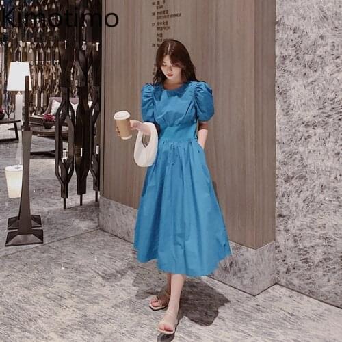 Kimotimo Vintage Dress Women French Style Empire 2021 New Waist Design Puff Sleeve Temperament A-Line Dresses Korean Fashion