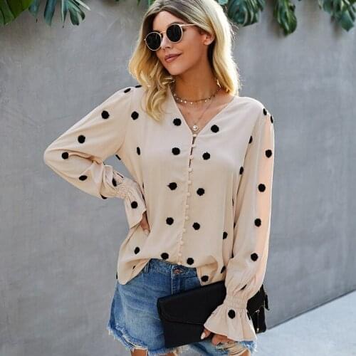 Summer Spring 2021 New Ladies Dot Street Style Blouse Loose V Neck Loose Princess Sleeve Casual Female Chic Tops Blouse