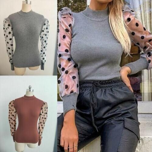 Womens Ladies Mesh Long Sleeves Shirts Fine Ribbed Spotted Polka Dots Mesh Puff Sleeve Shirt Jumper Top Blouses