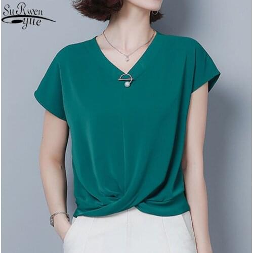 2021 Women Clothes Solid Loose Short Sleeve Summer Plus Size Elegant Chiffon Shirt V-neck Office Lady Blouse Blusa 9051