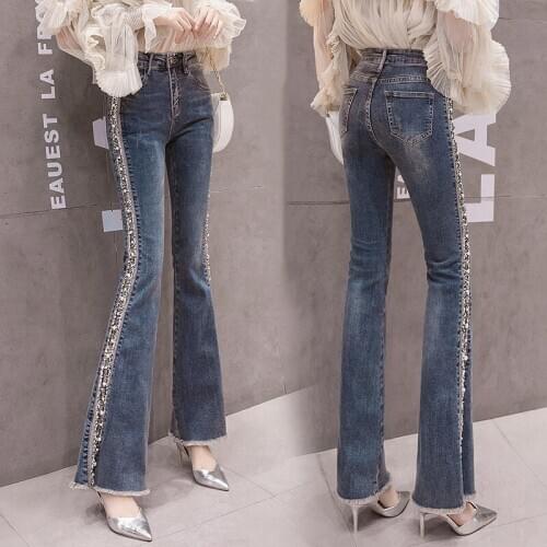 High Waist Flare Jeans Bottom Denim Skinny Womans Stretch Jeans Female Beading Wide Leg Tassels Vintage Jeans Plus Size 2XL