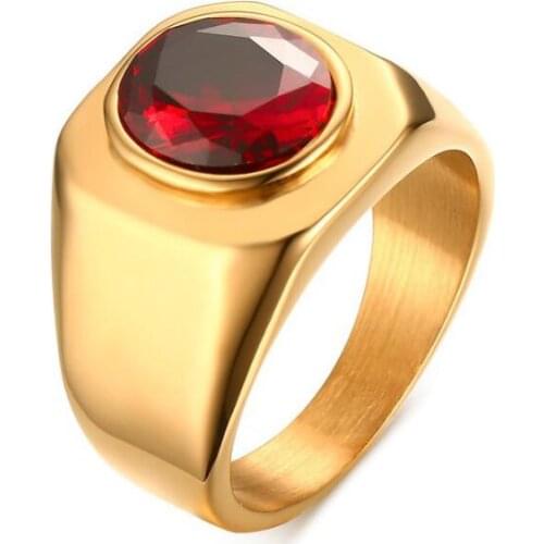 RC-320 New list Gold stainless steel Smooth Ring Band Oval Red zircon Stone 8-11# Unisex Men jewelry Bling