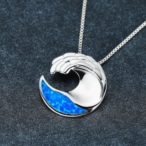 Blue Fire Opal Pendant Sea Wave Necklaces For Women Geometric Jewelry Vintage Fashion Birthstone Silver Color Box Chain Necklace