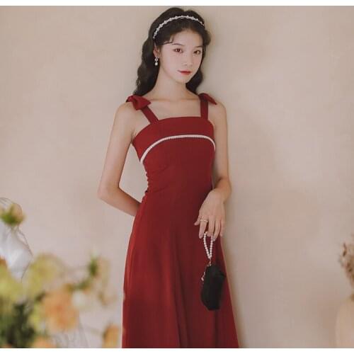Red Temperament Retro Party Dress Summer Sleeveless Bow Shoulder Strap Chic Elegant Spaghetti Strap Dress Vestido