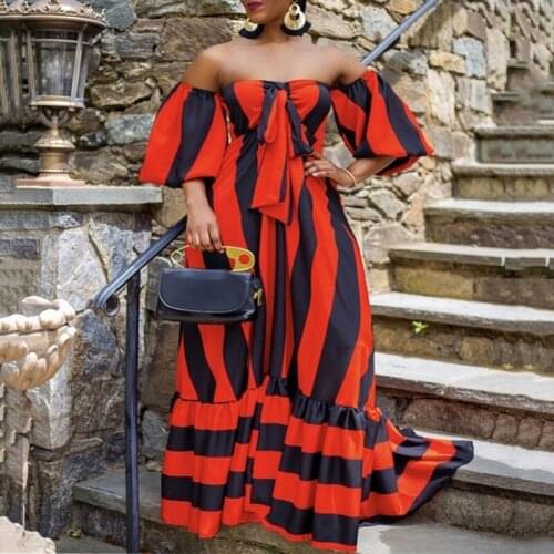 Red Striped Women Party Dress Sex Y Slash Neck Lady Dinner Ruffles Long Maxi Dresses Robe Femme Vestidos