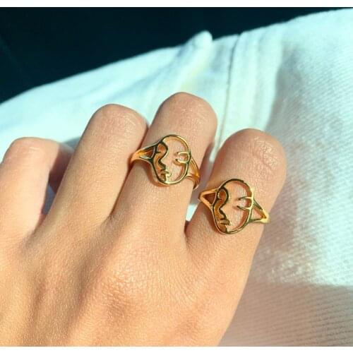 Vintage Rings For Women Stainless Steel Gold Face Smile Ring Moonstone Ring Accessories Jewelry Gift Bohemian Beach Bijoux Femme