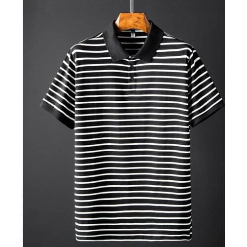 140Kg Bust 142cm Large size mens summer polo shirt short-sleeved T-shirt 2XL 3XL 4XL 5XL 6XL 7XL loose black white striped top