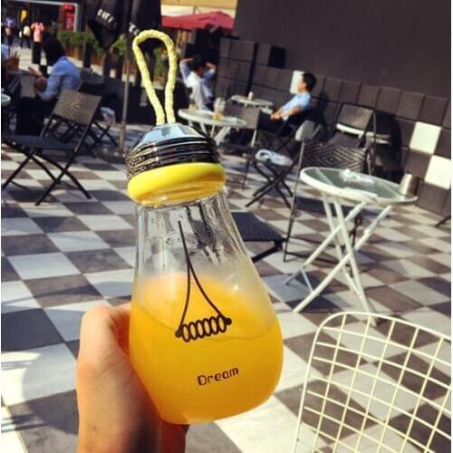 2017 Hot Sale Bulb Glass Bottle With Lid Cute Creative Cartoon Bottle Milk Coffee Tea Bottle For Baby Children 400ml