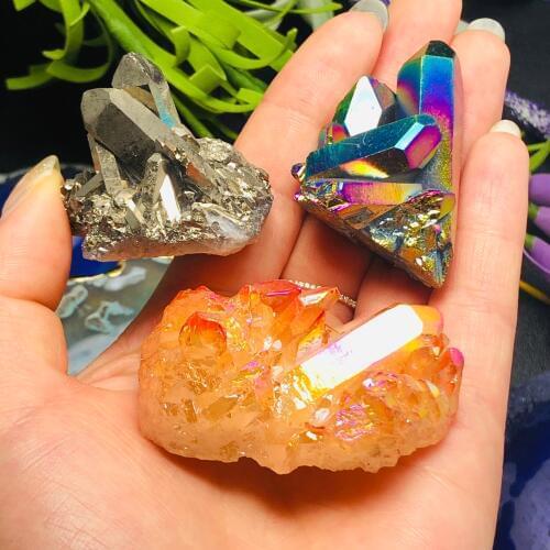 3pcs Beautiful Aura Crystal Cluster Angel Aura Titanium Quartz Crystal Stunning Rainbow Specimen Minerals Reiki Healing Chakra