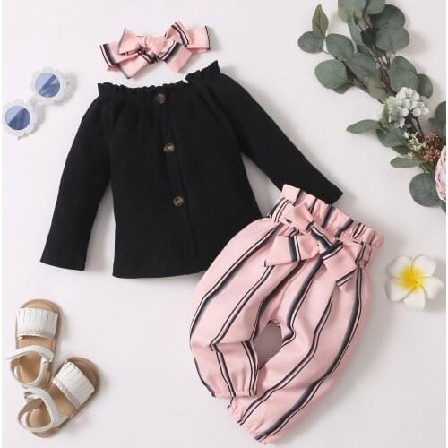3Pcs Newborn Baby Girl Clothes Toddler Girl Outfit New Born Black Top + Striped Pink Print Pants Drop Shipping Wholesale