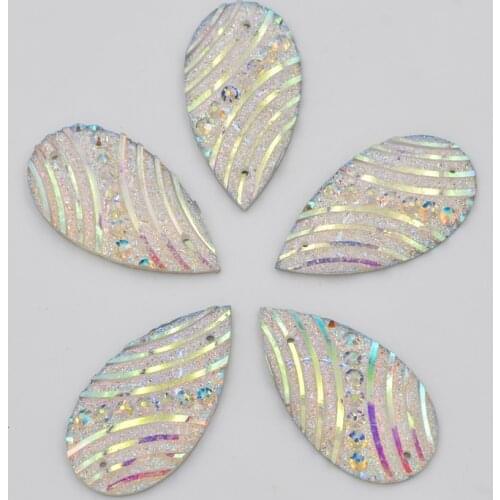 50PCS 16*30mm AB Resin Teardrop Twill Flatback Rhinestone Scrapbook Ornaments DIY Wedding 2 Hole Buttons Crafts F347