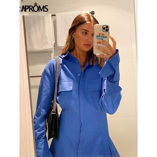 Aproms Elegant Blue Cotton Shirt Dress Women Spring 2021 High Fashion Solid Color Flared Sleeve Bodycon Mini Dresses OL Vestidos