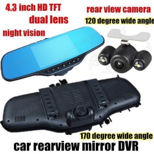 Dual Lens Dual Camera car Rearview Mirror Car DVR video Recorder 4.3 inch front 170 and back 120 degree wide angle night vision