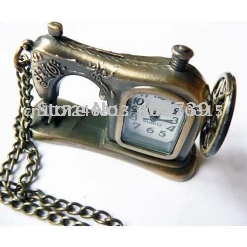 New Style Sewing Machine Pendant Cool Necklace quartz Watch Vintage Bronze Chain Jewelcy Pocket Watch 12pcs/lot Free Shipping
