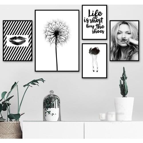 Black White Fashion Girl Lips Dandelion Wall Art Canvas Painting Nordic Posters And Prints Wall Pictures For Living Room Decor