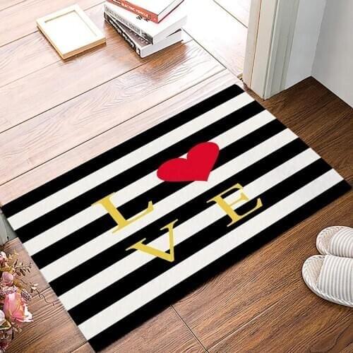 Valentines Day Decor Doormat Indoor, Stripes White Black Personalized Non-Slip Welcome Mats Floor Rug for Bathroom/Front Entry