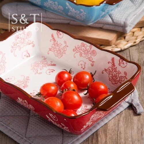 Home Baking Tray Ceramic Baked Plate Oven Double-eared Rectangular Bowl Baked Vegetable Cheese Western Food Plate