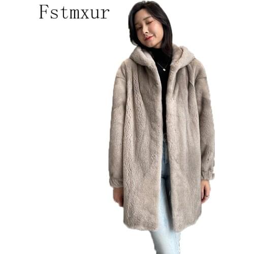 Fstmxur 2021 Winter Copenhagen Imports Velvt Mink Fur Coat Womens Full Sleeve Jacket With Fur Hood Pure Color Medium Mink Coats